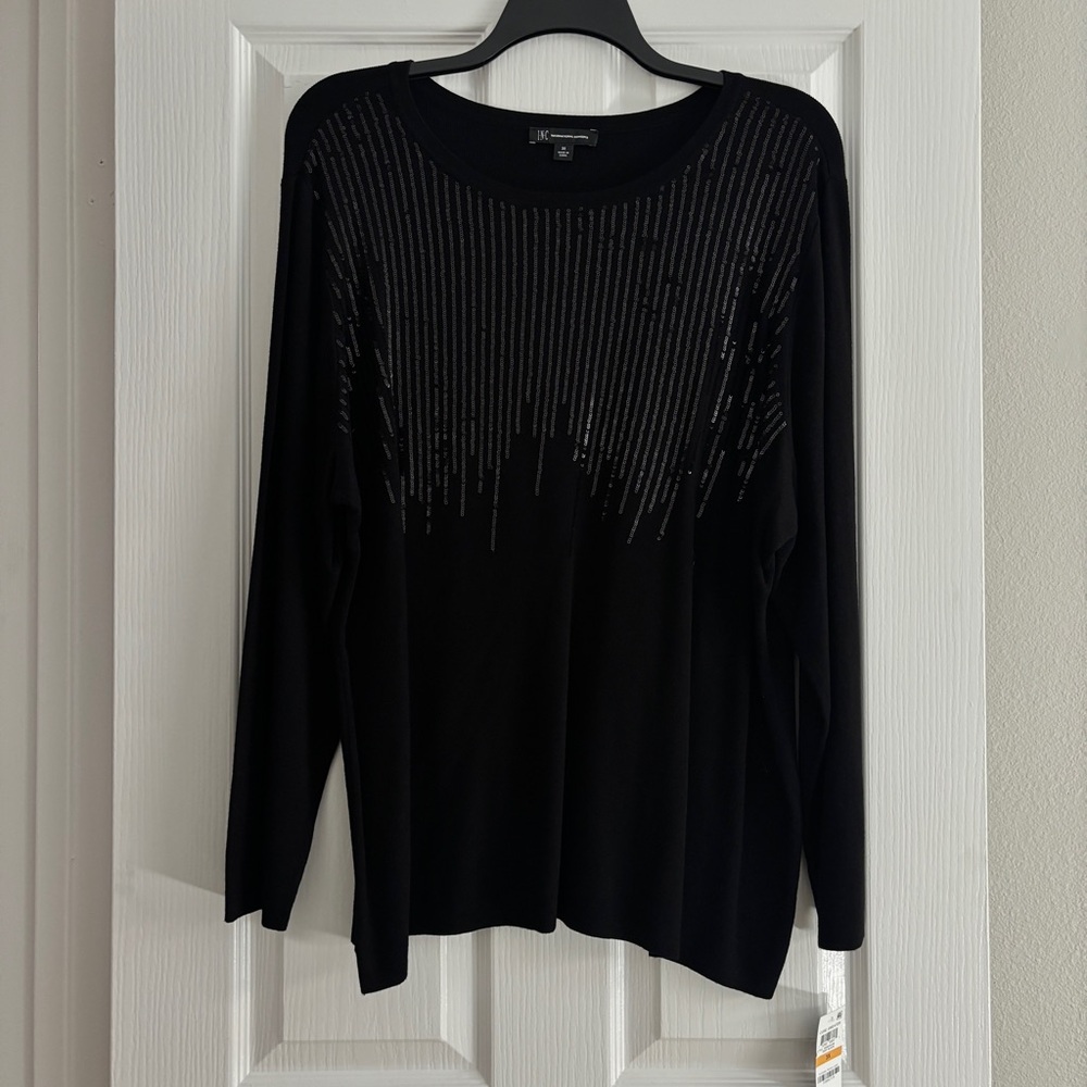 INC International Concepts Women's Black Sequin Long Sleeve Top